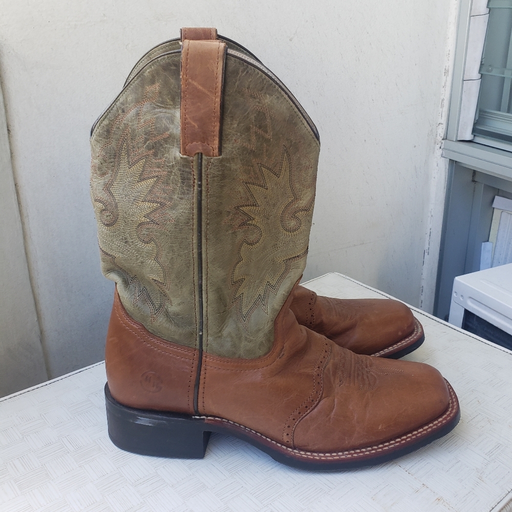 Double H Mens Square Toe Roper Cowboy Boots Brown Cognac Leather 8.5 D NEW